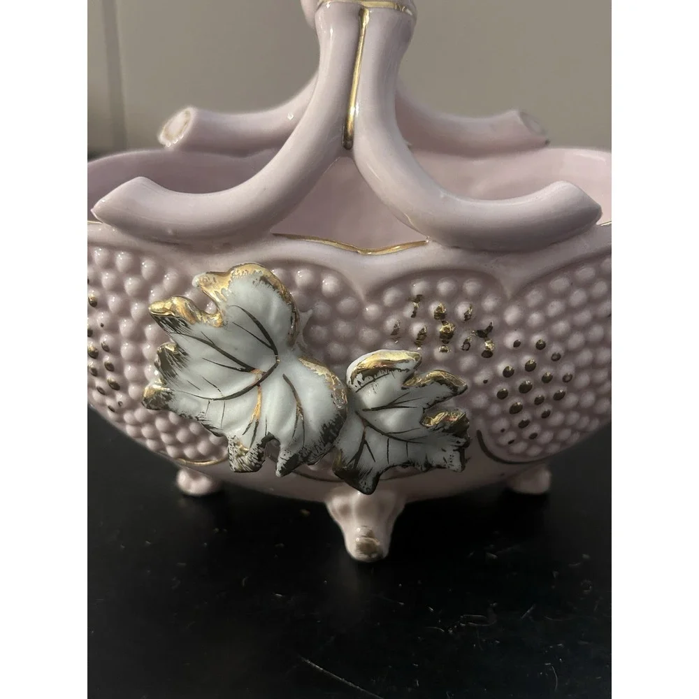 Vintage L&M Lipper & Mann Pink Porcelain Basket Floral Gold Trim Handled Decor